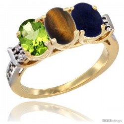 10K Yellow Gold Natural Peridot, Tiger Eye & Lapis Ring 3-Stone Oval 7x5 mm Diamond Accent