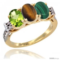 10K Yellow Gold Natural Peridot, Tiger Eye & Malachite Ring 3-Stone Oval 7x5 mm Diamond Accent