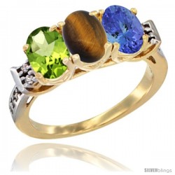 10K Yellow Gold Natural Peridot, Tiger Eye & Tanzanite Ring 3-Stone Oval 7x5 mm Diamond Accent