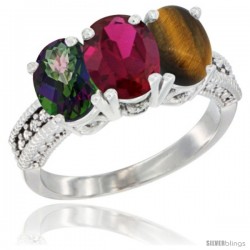 10K White Gold Natural Mystic Topaz, Ruby & Tiger Eye Ring 3-Stone Oval 7x5 mm Diamond Accent