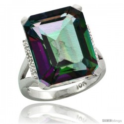 10k White Gold Diamond Mystic Topaz Ring 12 ct Emerald Cut 16x12 stone 3/4 in wide