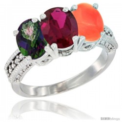 10K White Gold Natural Mystic Topaz, Ruby & Coral Ring 3-Stone Oval 7x5 mm Diamond Accent