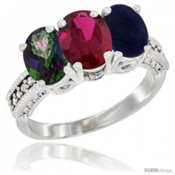 10K White Gold Natural Mystic Topaz, Ruby & Lapis Ring 3-Stone Oval 7x5 mm Diamond Accent