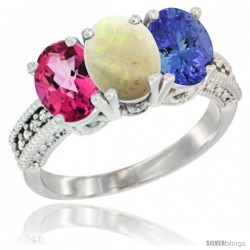 14K White Gold Natural Pink Topaz, Opal & Tanzanite Ring 3-Stone 7x5 mm Oval Diamond Accent