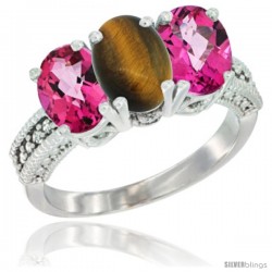 14K White Gold Natural Tiger Eye & Pink Topaz Ring 3-Stone 7x5 mm Oval Diamond Accent