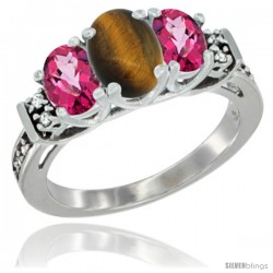 14K White Gold Natural Tiger Eye & Pink Topaz Ring 3-Stone Oval with Diamond Accent