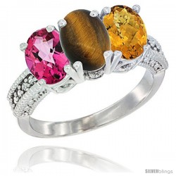 14K White Gold Natural Pink Topaz, Tiger Eye & Whisky Quartz Ring 3-Stone 7x5 mm Oval Diamond Accent