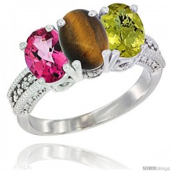 14K White Gold Natural Pink Topaz, Tiger Eye & Lemon Quartz Ring 3-Stone 7x5 mm Oval Diamond Accent