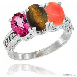 14K White Gold Natural Pink Topaz, Tiger Eye & Coral Ring 3-Stone 7x5 mm Oval Diamond Accent