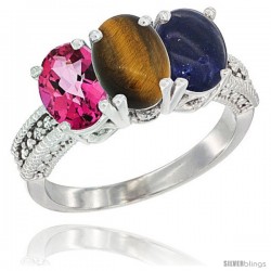 14K White Gold Natural Pink Topaz, Tiger Eye & Lapis Ring 3-Stone 7x5 mm Oval Diamond Accent