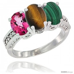 14K White Gold Natural Pink Topaz, Tiger Eye & Malachite Ring 3-Stone 7x5 mm Oval Diamond Accent