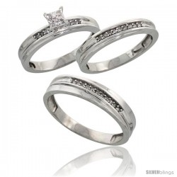 Sterling Silver Diamond Trio Wedding Ring Set His 5mm & Hers 3.5mm Rhodium finish -Style Ag020w3