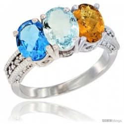 10K White Gold Natural Swiss Blue Topaz, Aquamarine & Whisky Quartz Ring 3-Stone Oval 7x5 mm Diamond Accent