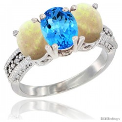 14K White Gold Natural Swiss Blue Topaz & Opal Sides Ring 3-Stone 7x5 mm Oval Diamond Accent