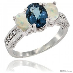 14k White Gold Ladies Oval Natural London Blue Topaz 3-Stone Ring with Opal Sides Diamond Accent