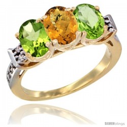 10K Yellow Gold Natural Whisky Quartz & Peridot Sides Ring 3-Stone Oval 7x5 mm Diamond Accent