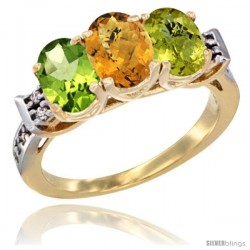 10K Yellow Gold Natural Peridot, Whisky Quartz & Lemon Quartz Ring 3-Stone Oval 7x5 mm Diamond Accent