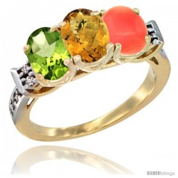 10K Yellow Gold Natural Peridot, Whisky Quartz & Coral Ring 3-Stone Oval 7x5 mm Diamond Accent