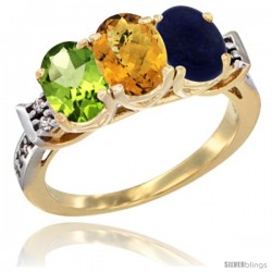 10K Yellow Gold Natural Peridot, Whisky Quartz & Lapis Ring 3-Stone Oval 7x5 mm Diamond Accent