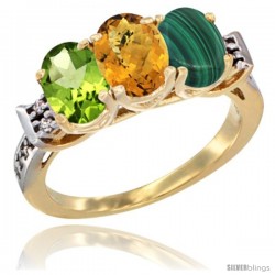 10K Yellow Gold Natural Peridot, Whisky Quartz & Malachite Ring 3-Stone Oval 7x5 mm Diamond Accent