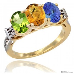 10K Yellow Gold Natural Peridot, Whisky Quartz & Tanzanite Ring 3-Stone Oval 7x5 mm Diamond Accent