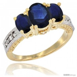 14k Yellow Gold Ladies Oval Natural Blue Sapphire 3-Stone Ring Diamond Accent