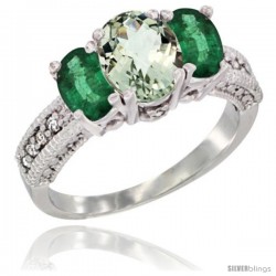 10K White Gold Ladies Oval Natural Green Amethyst 3-Stone Ring with Emerald Sides Diamond Accent