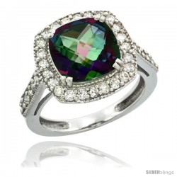 10k White Gold Diamond Halo Mystic Topaz Ring Checkerboard Cushion 9 mm 2.4 ct 1/2 in wide