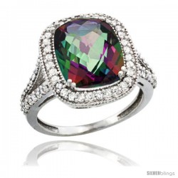 10k White Gold Diamond Halo Mystic Topaz Ring Checkerboard Cushion 12x10 4.8 ct 3/4 in wide