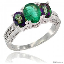 10K White Gold Ladies Oval Natural Emerald 3-Stone Ring with Mystic Topaz Sides Diamond Accent