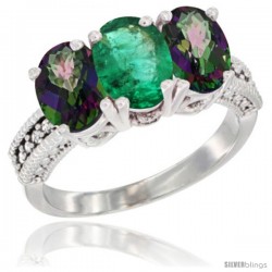 10K White Gold Natural Emerald & Mystic Topaz Sides Ring 3-Stone Oval 7x5 mm Diamond Accent