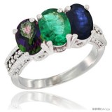 10K White Gold Natural Mystic Topaz, Emerald & Blue Sapphire Ring 3-Stone Oval 7x5 mm Diamond Accent