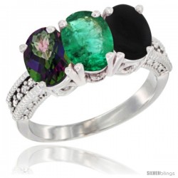 10K White Gold Natural Mystic Topaz, Emerald & Black Onyx Ring 3-Stone Oval 7x5 mm Diamond Accent