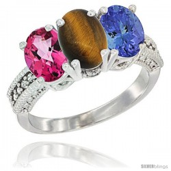 14K White Gold Natural Pink Topaz, Tiger Eye & Tanzanite Ring 3-Stone 7x5 mm Oval Diamond Accent