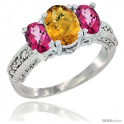 14k White Gold Ladies Oval Natural Whisky Quartz 3-Stone Ring with Pink Topaz Sides Diamond Accent