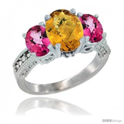 14K White Gold Ladies 3-Stone Oval Natural Whisky Quartz Ring with Pink Topaz Sides Diamond Accent