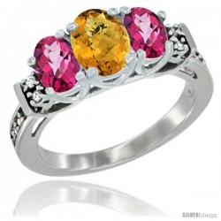 14K White Gold Natural Whisky Quartz & Pink Topaz Ring 3-Stone Oval with Diamond Accent