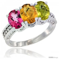 14K White Gold Natural Pink Topaz, Whisky Quartz & Lemon Quartz Ring 3-Stone 7x5 mm Oval Diamond Accent