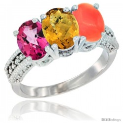 14K White Gold Natural Pink Topaz, Whisky Quartz & Coral Ring 3-Stone 7x5 mm Oval Diamond Accent