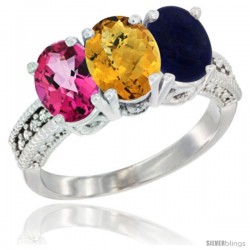 14K White Gold Natural Pink Topaz, Whisky Quartz & Lapis Ring 3-Stone 7x5 mm Oval Diamond Accent