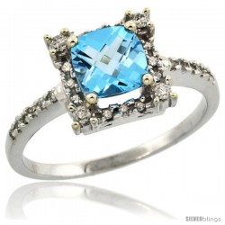 10k White Gold Diamond Halo Swiss Blue Topaz Ring 1.2 ct Checkerboard Cut Cushion 6 mm, 11/32 in wide