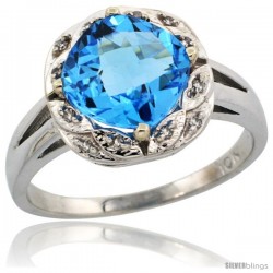 10k White Gold Diamond Halo Swiss Blue Topaz Ring 2.7 ct Checkerboard Cut Cushion Shape 8 mm, 1/2 in wide