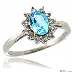 10k White Gold Diamond Halo Swiss Blue Topaz Ring 0.85 ct Oval Stone 7x5 mm, 1/2 in wide