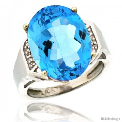 10k White Gold Diamond Swiss Blue Topaz Ring 9.7 ct Large Oval Stone 16x12 mm, 5/8 in wide