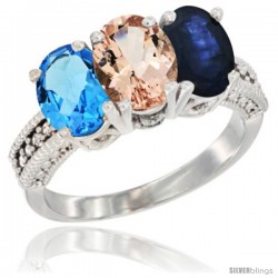 10K White Gold Natural Swiss Blue Topaz, Morganite & Blue Sapphire Ring 3-Stone Oval 7x5 mm Diamond Accent