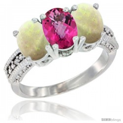 14K White Gold Natural Pink Topaz & Opal Sides Ring 3-Stone 7x5 mm Oval Diamond Accent