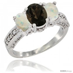 14k White Gold Ladies Oval Natural Smoky Topaz 3-Stone Ring with Opal Sides Diamond Accent