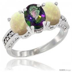 14K White Gold Natural Mystic Topaz & Opal Sides Ring 3-Stone 7x5 mm Oval Diamond Accent