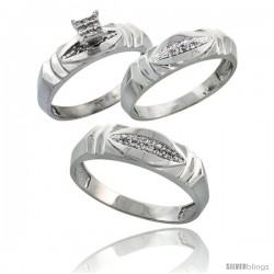 Sterling Silver Diamond Trio Wedding Ring Set His 6mm & Hers 5mm Rhodium finish -Style Ag021w3