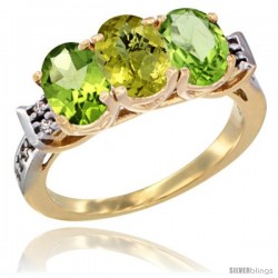 10K Yellow Gold Natural Lemon Quartz & Peridot Sides Ring 3-Stone Oval 7x5 mm Diamond Accent